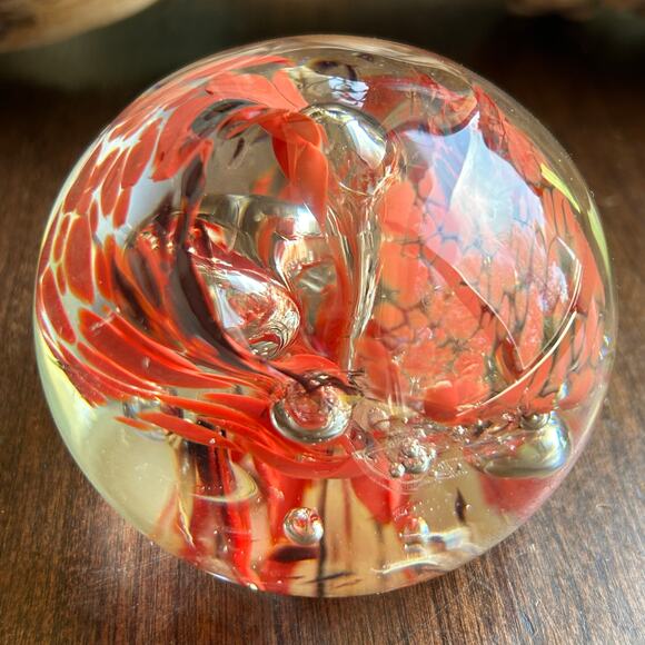 Vintage Blown Glass Paperweight With Controlled Bubbles Red Orange Swirl - Picture 1 of 9